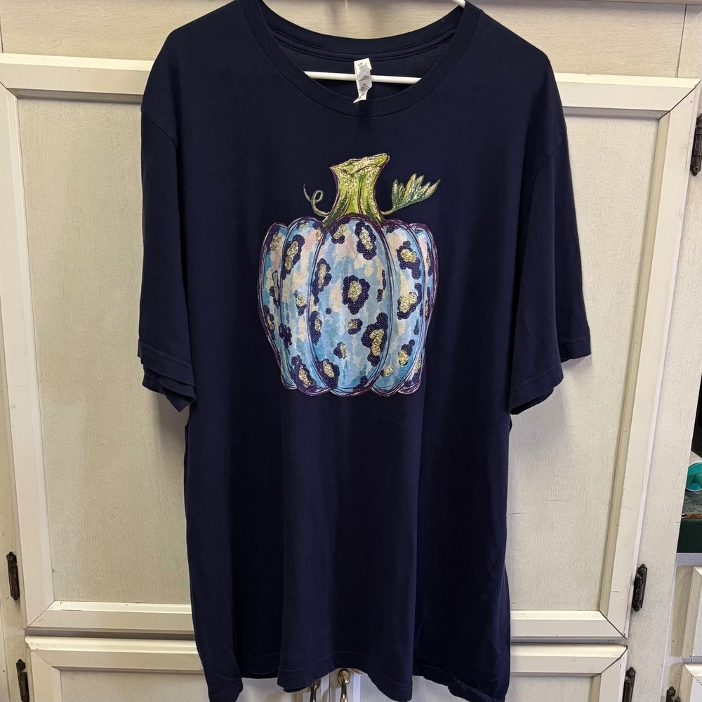 Bella Canvas 3XL T-Shirt Navy Pumpkin Print Leopard Fall Halloween Women's